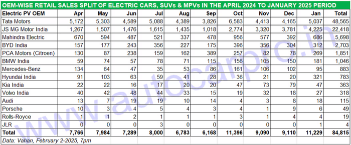 January 2025 EV sales: MG just 812 units behind Tata Motors